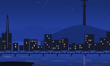 Ilustrasi Seoul pada waktu malam dengan N Seoul Tower, Lotte World Tower dan jambatan di Sungai Han